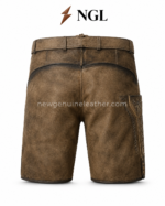 Antique tan leather lederhosen shorts with decorative metal buckle and vintage finish