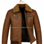 Aviator leather jacket with brown leather body, tan sherpa collar, aviation patches, front zipper, rib-knit cuffs, and NGL