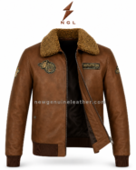 Aviator leather jacket with brown leather body, tan sherpa collar, aviation patches, front zipper, rib-knit cuffs, and NGL