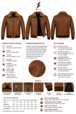 Aviator leather jacket shown open with dark inner lining, brown leather shell, zipper closure, sherpa collar, and patch details.