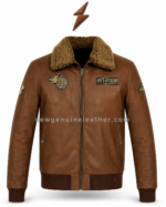 Aviator leather jacket back pose with brown leather panel, tan sherpa collar, rib-knit waistband, sleeve patches