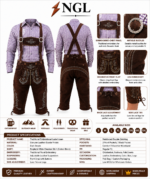 Dark brown Bavarian lederhosen outfit with purple check shirt and embroidered front flap