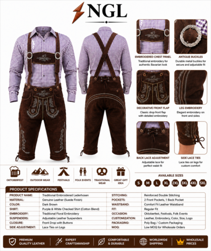 Dark brown Bavarian lederhosen outfit with purple check shirt and embroidered front flap