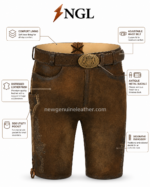 Distressed brown lederhosen shorts with side utility pocket and subtle embroidery