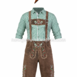 Green check lederhosen outfit with brown embroidered leather shorts and adjustable suspenders