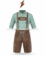 Green check lederhosen outfit with brown embroidered leather shorts and adjustable suspenders
