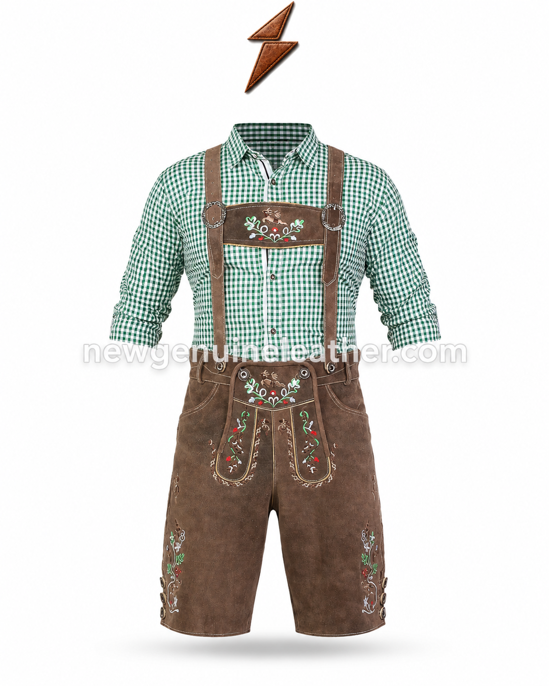 Back View Green Check Lederhosen Outfit Green check lederhosen outfit with brown embroidered leather shorts and adjustable suspenders