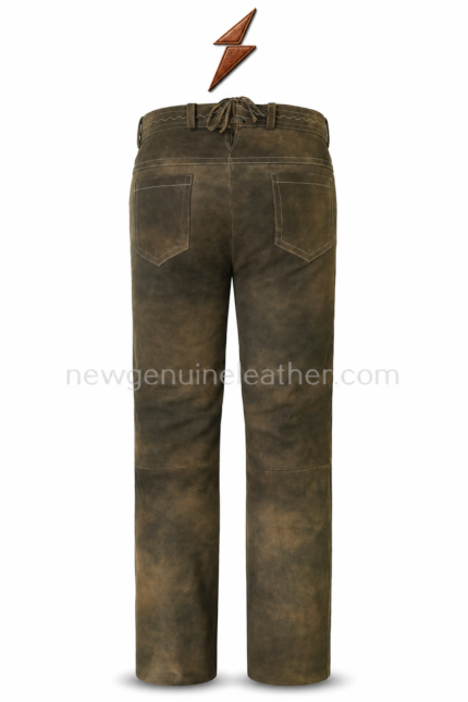 Olive brown leather lederhosen pants back view with patch pockets and lace detail