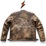 Open distressed leather biker jacket showing black quilted inner lining, stand collar, front zipper, and brown leather texture.