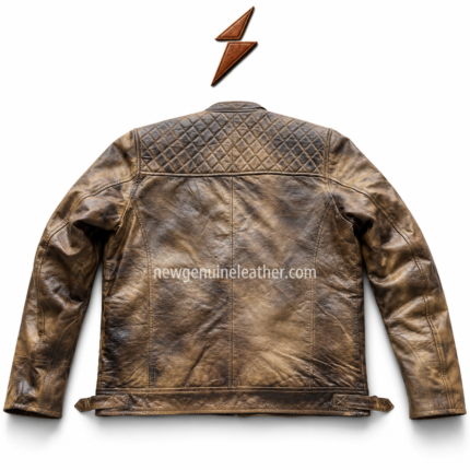 Open distressed leather biker jacket showing black quilted inner lining, stand collar, front zipper, and brown leather texture.