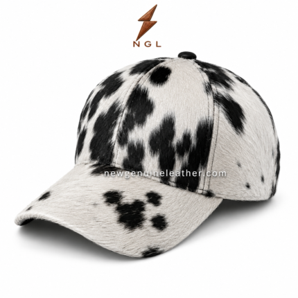 Cowhide leather baseball cap wholesale front view with black and white spotted hair-on hide,