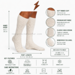 Cream Oktoberfest socks with knee-high cable-knit design, ribbed cuff, NGL logo and centered website watermark