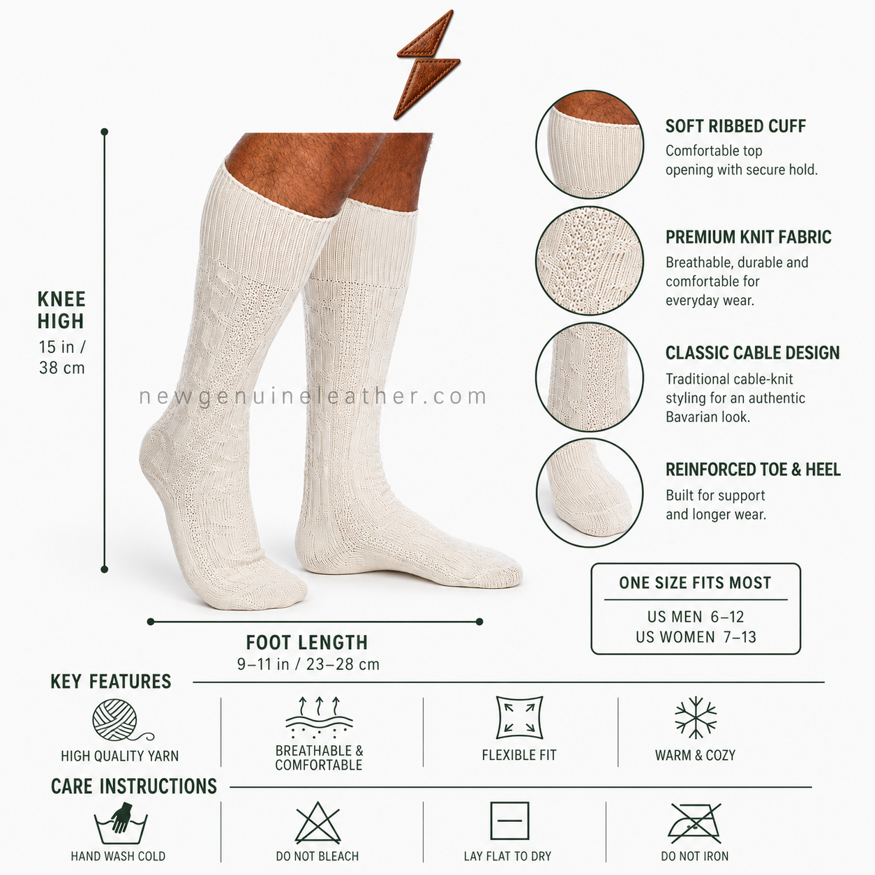 Bavarian Cream Knee High Socks Cream Oktoberfest socks with knee-high cable-knit design, ribbed cuff, NGL logo and centered website watermark