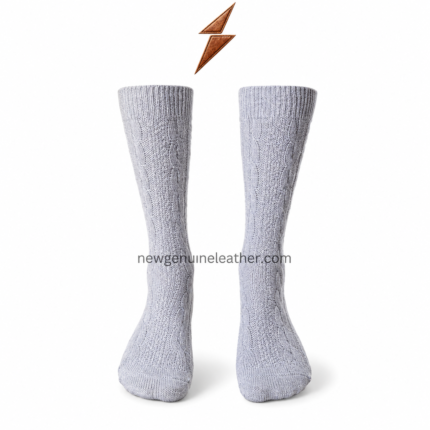 Grey Oktoberfest knee socks with cable-knit pattern, ribbed cuff and traditional lederhosen styling