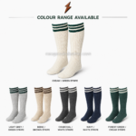 Bavarian knee high socks in cream knit with dark green and white striped cuff for lederhosen outfits