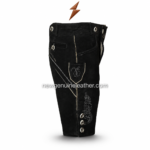 Black Bavarian lederhosen shorts with white contrast embroidery, traditional front bib, horn-style buttons, side button detail, and NGL logo at top
