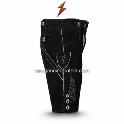 Black Bavarian lederhosen shorts with white contrast embroidery, traditional front bib, horn-style buttons, side button detail, and NGL logo at top