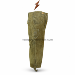 Embroidered leather lederhosen shorts shown in tan, olive, brown, dark brown, and grey with Bavarian front bib design and NGL logo