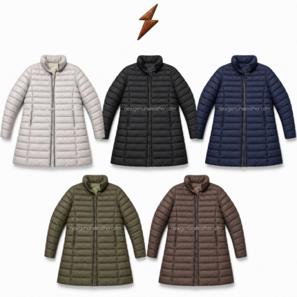 Beige long quilted puffer jacket with stand collar, horizontal padding, front zipper, side pockets, and white
