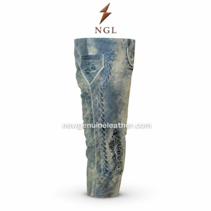 Blue-grey beige distressed Bavarian leather lederhosen featuring front flap bib design, floral embroidery, contrast stitching, and decorative waistband buttons