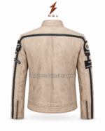 Beige racer jacket with black sleeve stripes, front zipper, patch details, and NGL logo