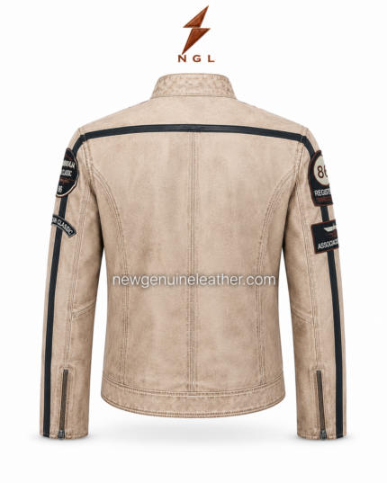 Beige racer jacket with black sleeve stripes, front zipper, patch details, and NGL logo