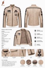 Beige racer jacket showing stand collar, chest zipper pockets, soft lining, and vintage patch design.
