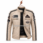 Beige racer jacket with distressed leather texture, black racing stripes, and centered wholesale