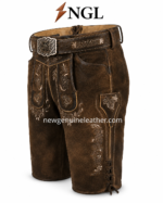 Belted embroidered lederhosen shorts in antique brown leather with ornate buckle and NGL