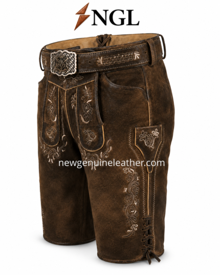 Belted embroidered lederhosen shorts in antique brown leather with ornate buckle and NGL