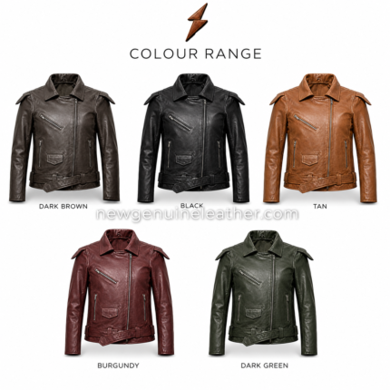 Belted leather biker jacket wholesale colour range in dark brown, black, tan, burgundy, and dark green