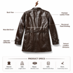 Belted leather trench coat front view with double-breasted buttons, wide lapel collar, shoulder epaulets, and glossy leather texture