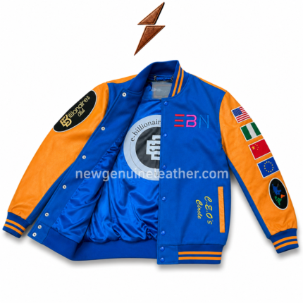 Best varsity jacket in royal blue and orange with leather-look sleeves, flag patches, chest embroidery, and NGL