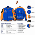 Best varsity jacket with royal blue body, orange sleeves, snap button front, embroidered chest logos,