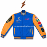 Best varsity jacket open-front pose with blue satin lining, orange leather-look sleeves, chest branding, and sleeve patches