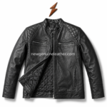 Multi color quilted leather jacket range showing black, dark brown, tan brown, burgundy, navy blue