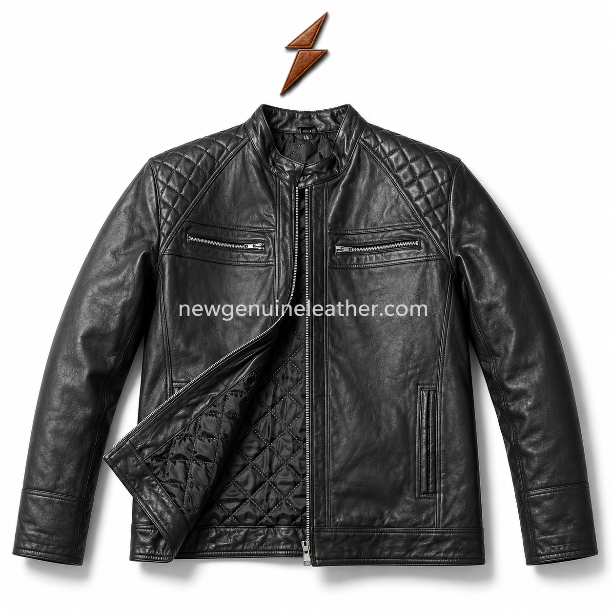 Biker Style Leather Jacket Color Range Multi color quilted leather jacket range showing black, dark brown, tan brown, burgundy, navy blue