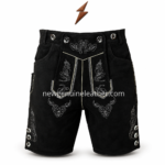 Black Bavarian lederhosen shorts featuring suede texture, white floral embroidery, decorative waistband buttons, side pockets, and front flap design