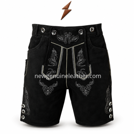 Black Bavarian lederhosen shorts featuring suede texture, white floral embroidery, decorative waistband buttons, side pockets, and front flap design