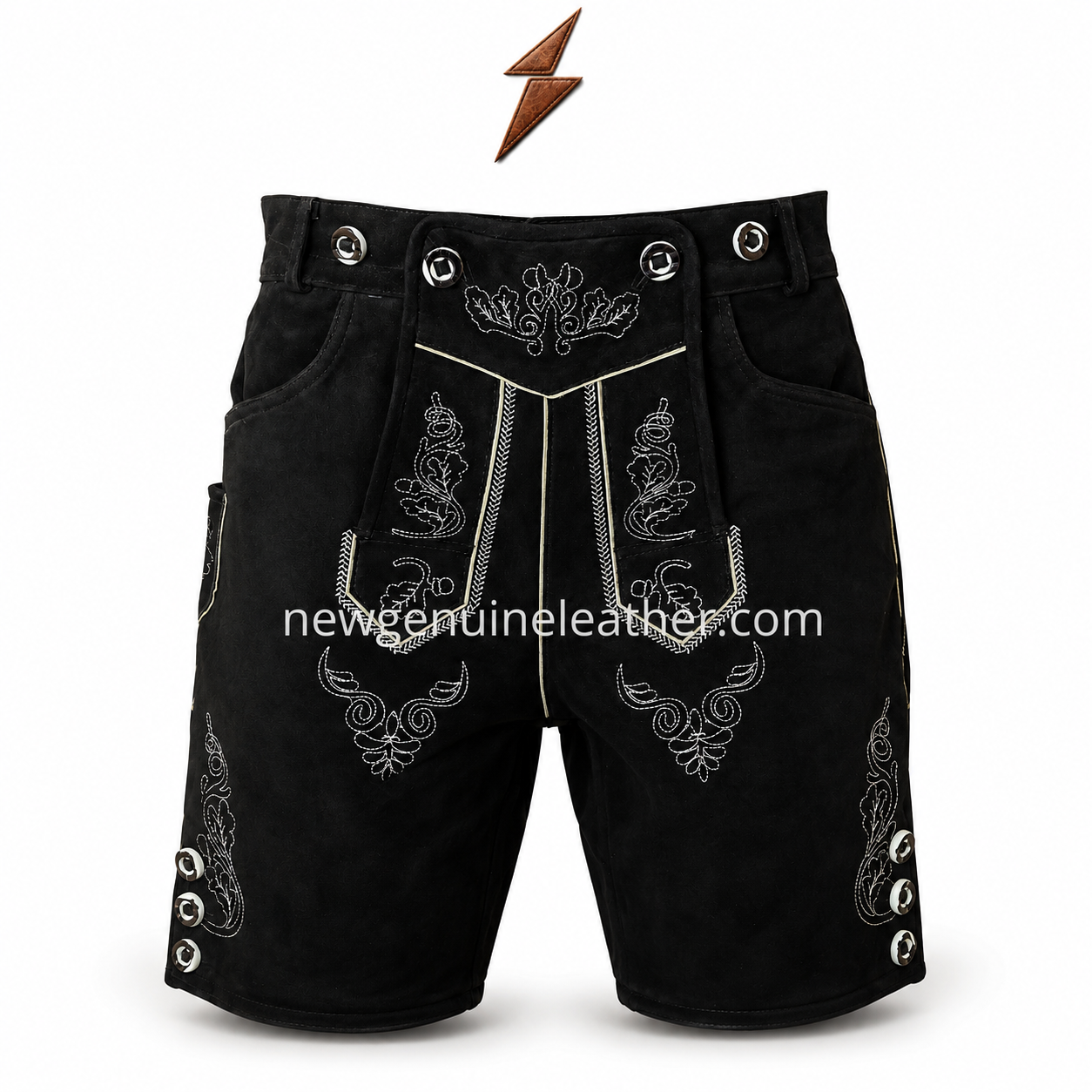 Black Bavarian Lederhosen Shorts Front View Black Bavarian lederhosen shorts featuring suede texture, white floral embroidery, decorative waistband buttons, side pockets, and front flap design
