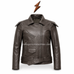 Dark brown belted leather biker jacket wholesale design with shoulder epaulettes and front zip pockets