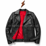 Red Lining Biker Jacket Black biker jacket with snap-tab collar, front zipper, quilted lining, and NGL