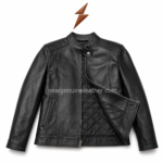 Black biker jacket with snap-tab collar, front zipper, quilted lining, and NGL