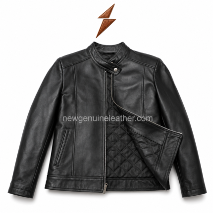 Black biker jacket with snap-tab collar, front zipper, quilted lining, and NGL