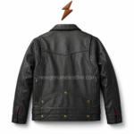 Black biker jacket front view showing silver zipper, side pockets, and stand collar