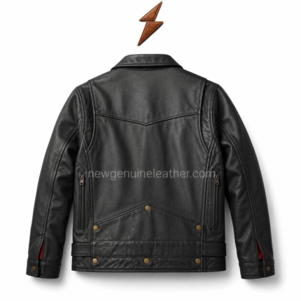 Black biker jacket front view showing silver zipper, side pockets, and stand collar