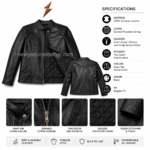 Black biker jacket front view showing silver zipper, side pockets, and stand collar