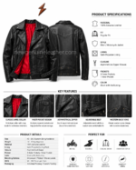 Black biker jacket with open front showing quilted polyester lining and clean stitching