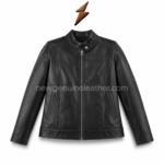 Black biker jacket with open front showing quilted polyester lining and clean stitching