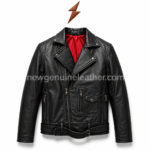 Black biker jacket product specs image with leather texture, collar, zipper, pockets, and lining details